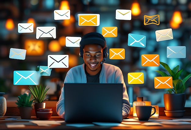 Laptop in use email icons floating implies email marketing or communication