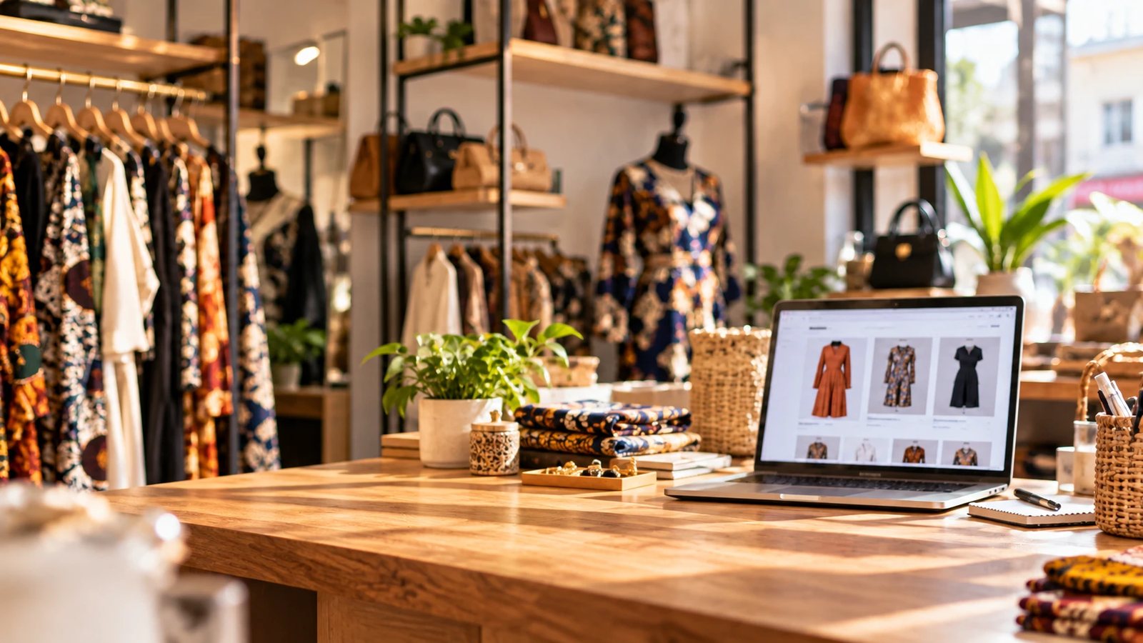 Fashion boutique with a laptop showing its online store, where a WhatsApp order button sits on each product page