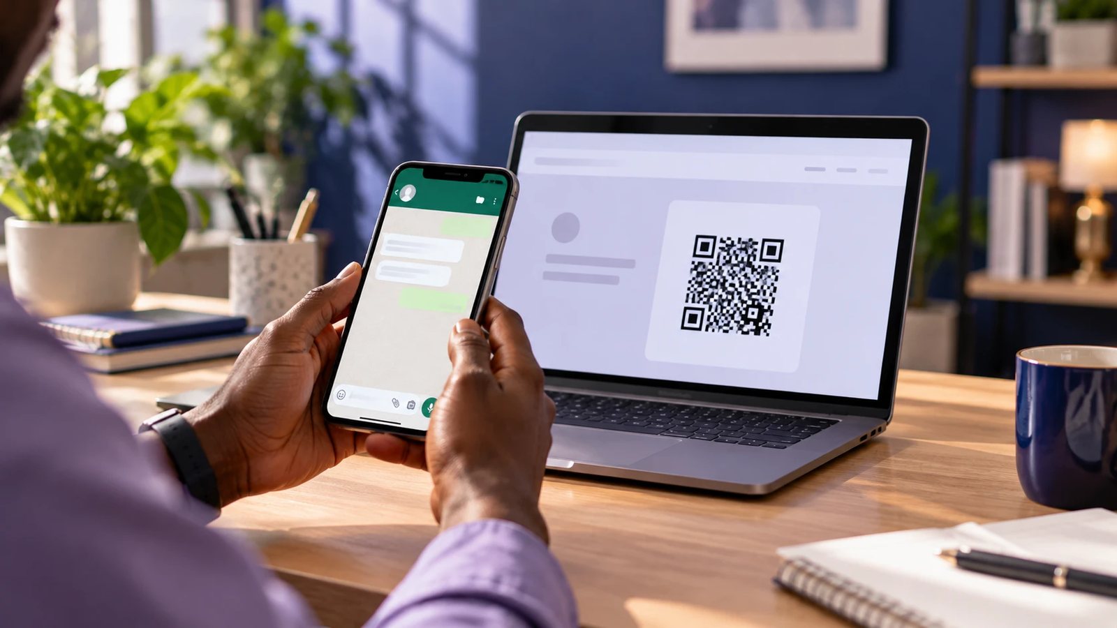 Person scanning a WhatsApp QR code on a laptop screen with their phone to start a chat